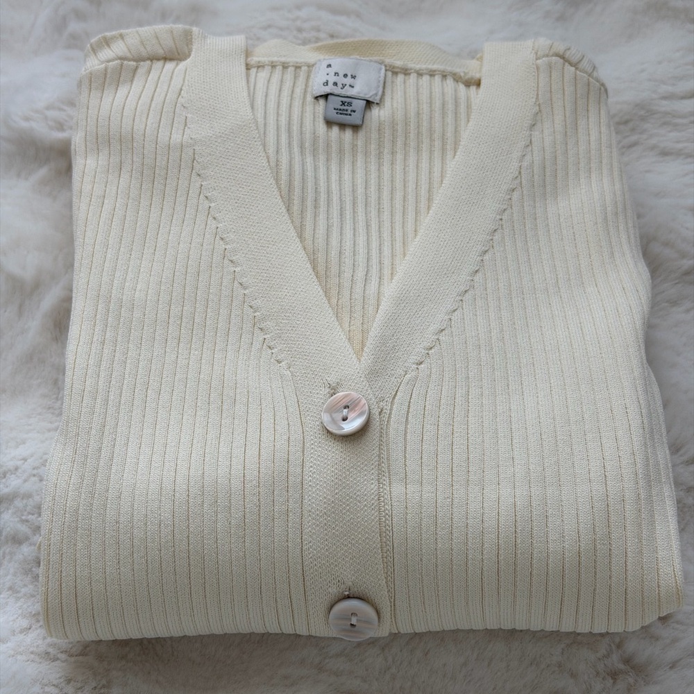 A New Day Cream Button Front Ribbed Knit Midi Dress with Flared Cuffs - XS - Picture 8 of 12